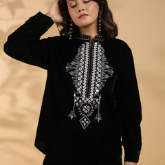 Embroidered Black Poly Velvet Co Ord Set