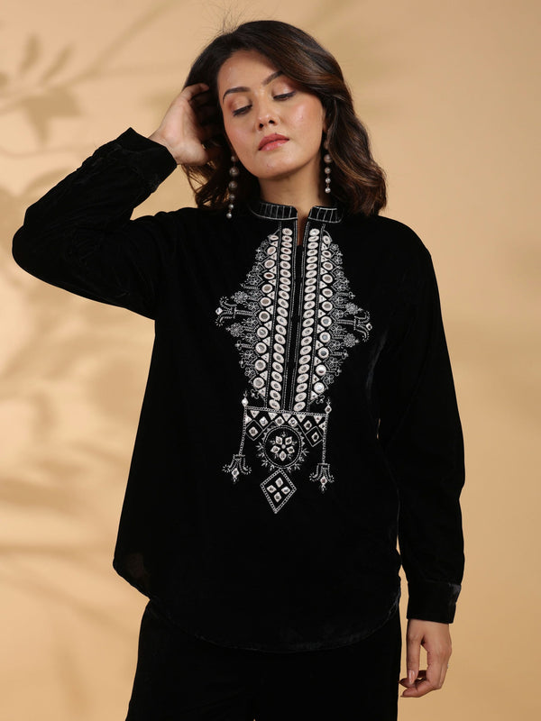 Embroidered Black Poly Velvet Co Ord Set