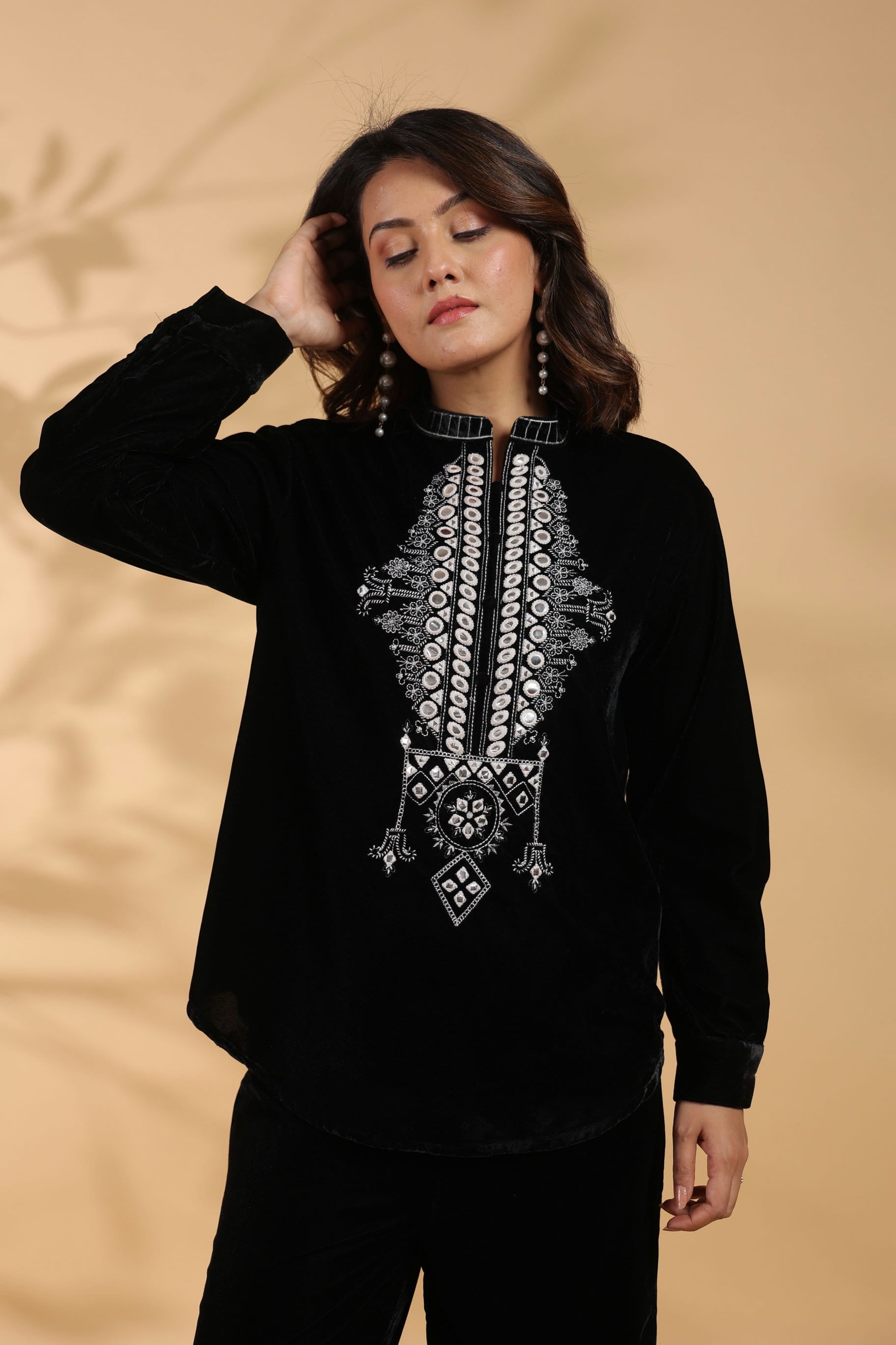 Embroidered Black Poly Velvet Co Ord Set
