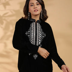 Embroidered Black Poly Velvet Co Ord Set