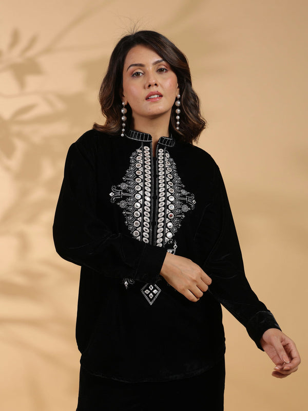 Embroidered Black Poly Velvet Co Ord Set