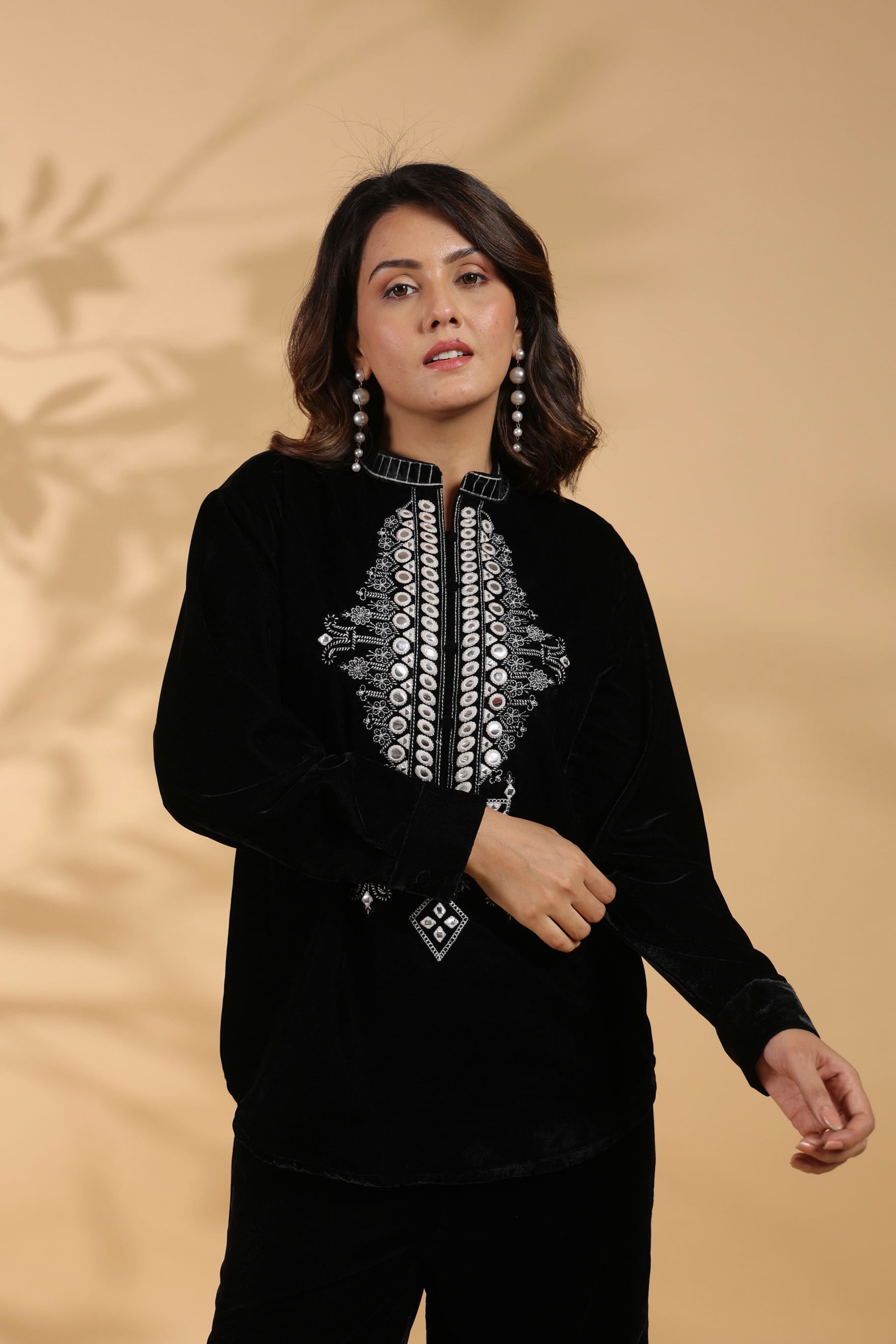 Embroidered Black Poly Velvet Co Ord Set