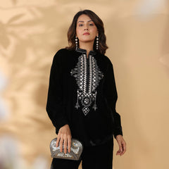 Embroidered Black Poly Velvet Co Ord Set