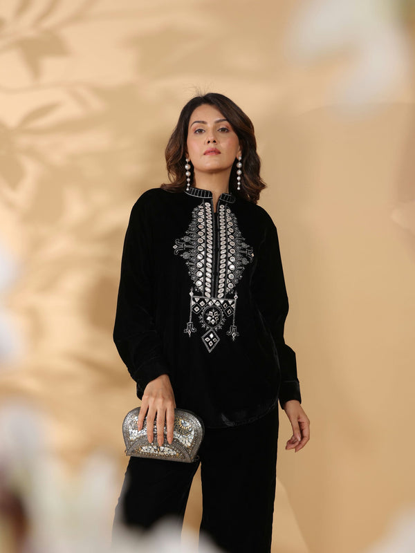 Embroidered Black Poly Velvet Co Ord Set