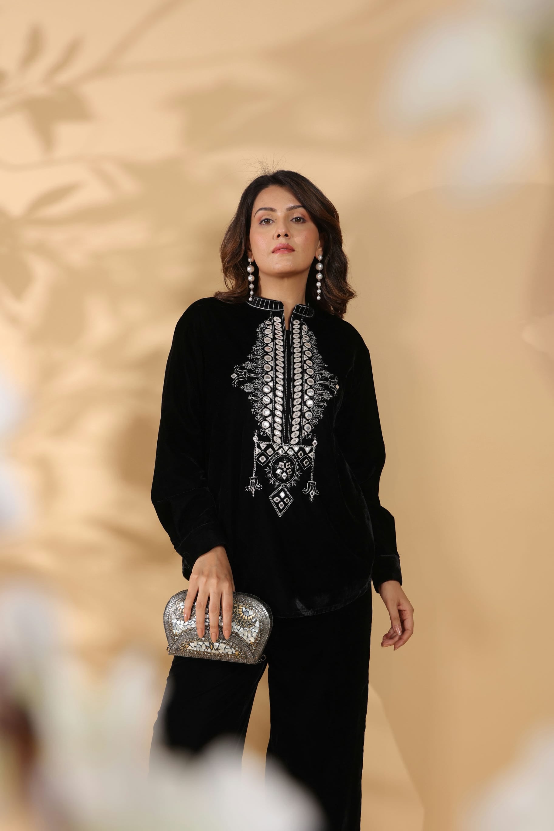Embroidered Black Poly Velvet Co Ord Set