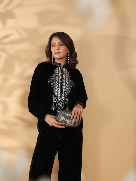 Embroidered Black Poly Velvet Co Ord Set