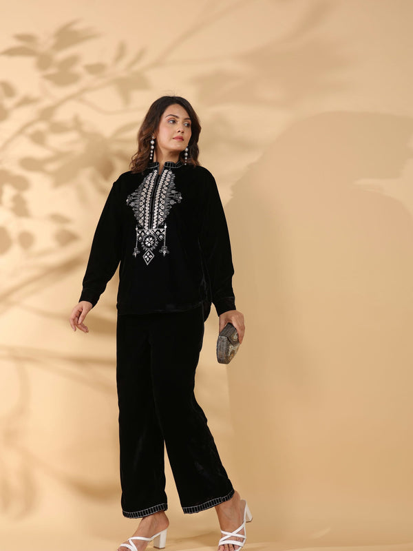 Embroidered Black Poly Velvet Co Ord Set