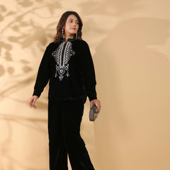 Embroidered Black Poly Velvet Co Ord Set