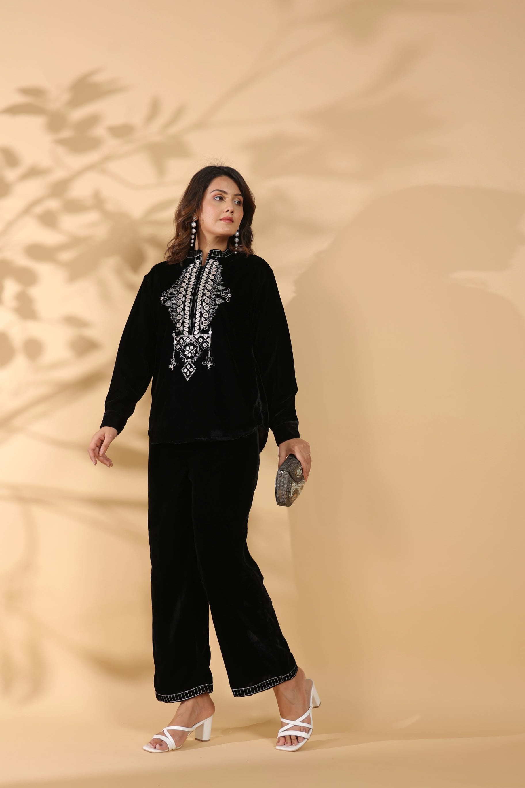 Embroidered Black Poly Velvet Co Ord Set