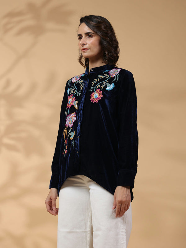 Black Round Neck Embroidered Shirt