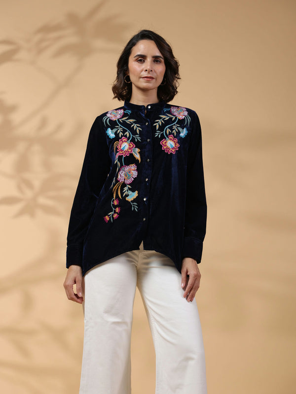 Black Round Neck Embroidered Shirt