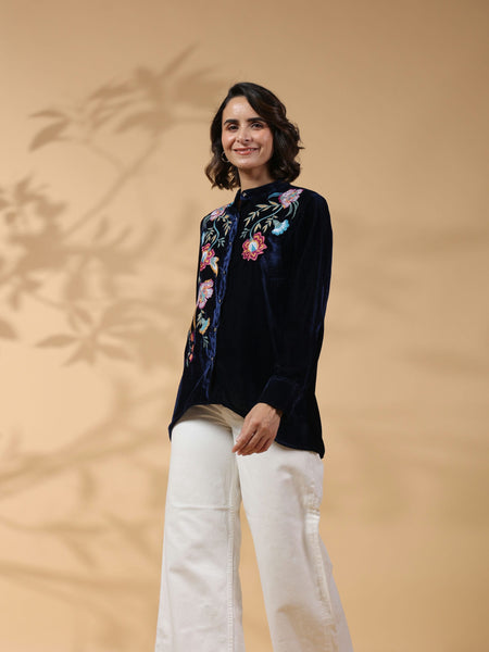 Black Round Neck Embroidered Shirt