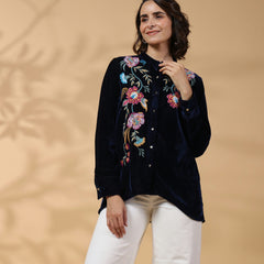 Black Round Neck Embroidered Shirt