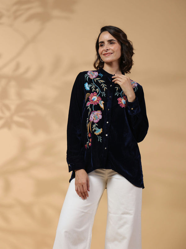 Black Round Neck Embroidered Shirt