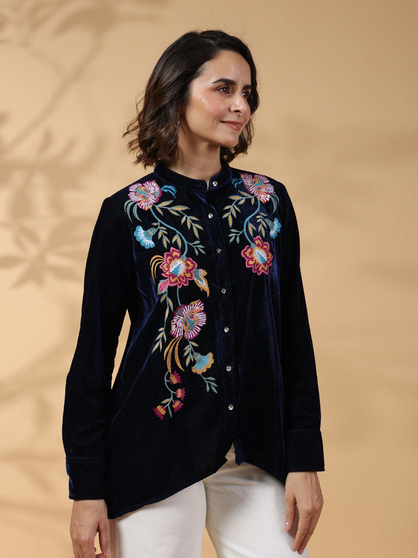 Black Round Neck Embroidered Shirt