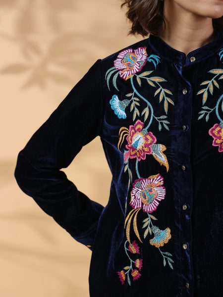 Black Round Neck Embroidered Shirt