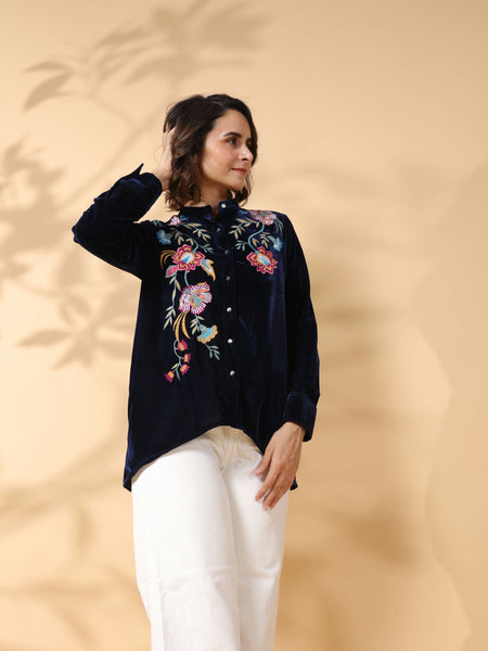 Black Round Neck Embroidered Shirt