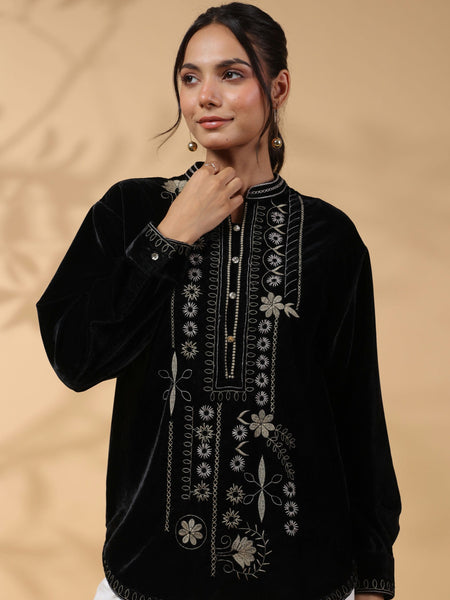 Black Embroidered Full Sleeve Top