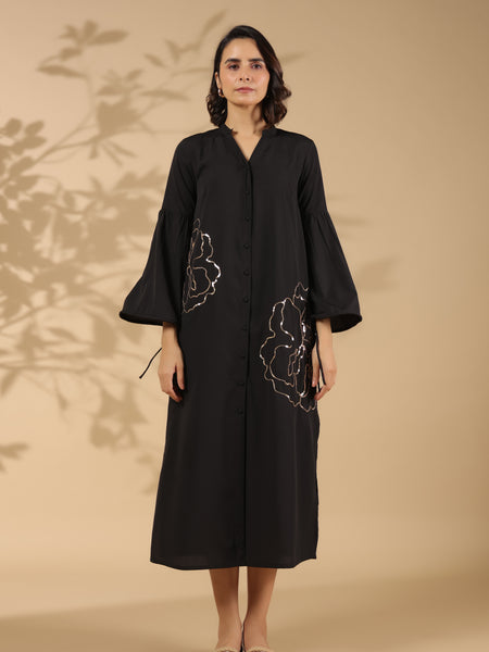 Black A-line Cotton Shirt Dress