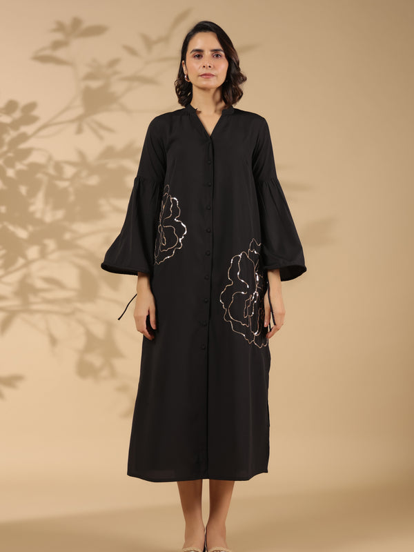 Black A-line Cotton Shirt Dress