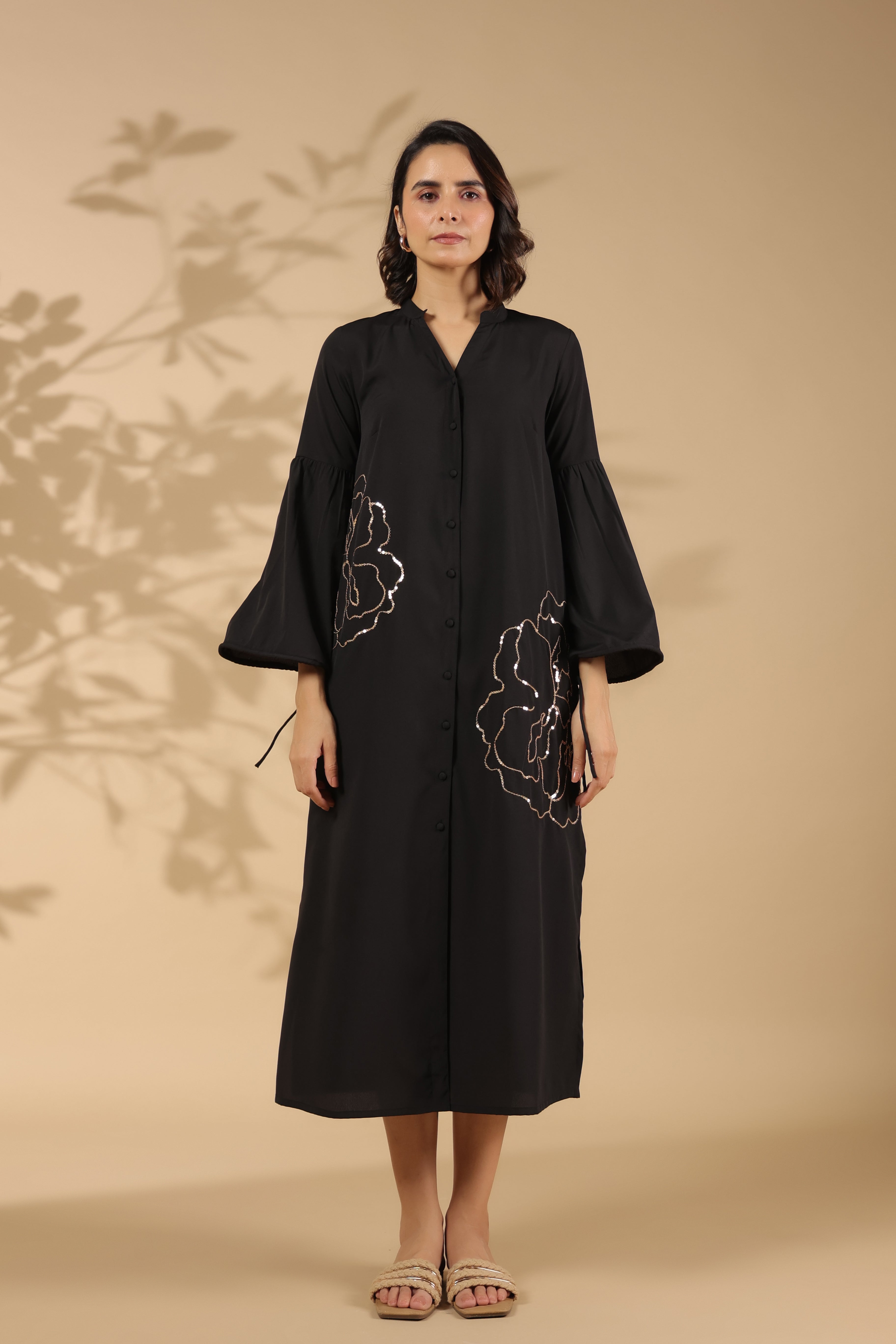 Black A-line Cotton Shirt Dress