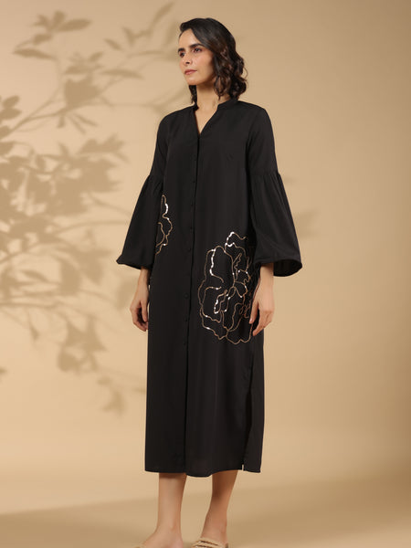 Black A-line Cotton Shirt Dress