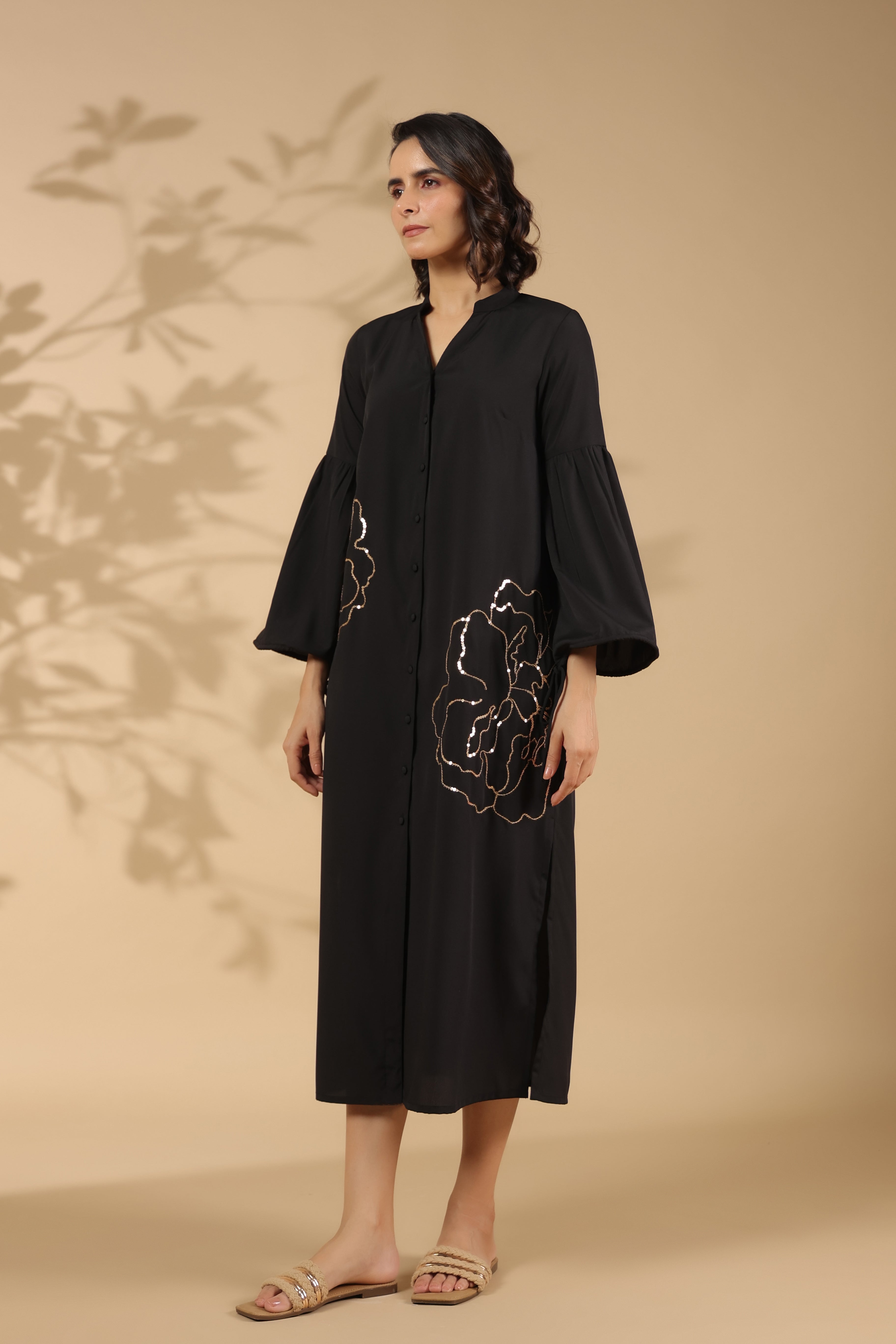 Black A-line Cotton Shirt Dress