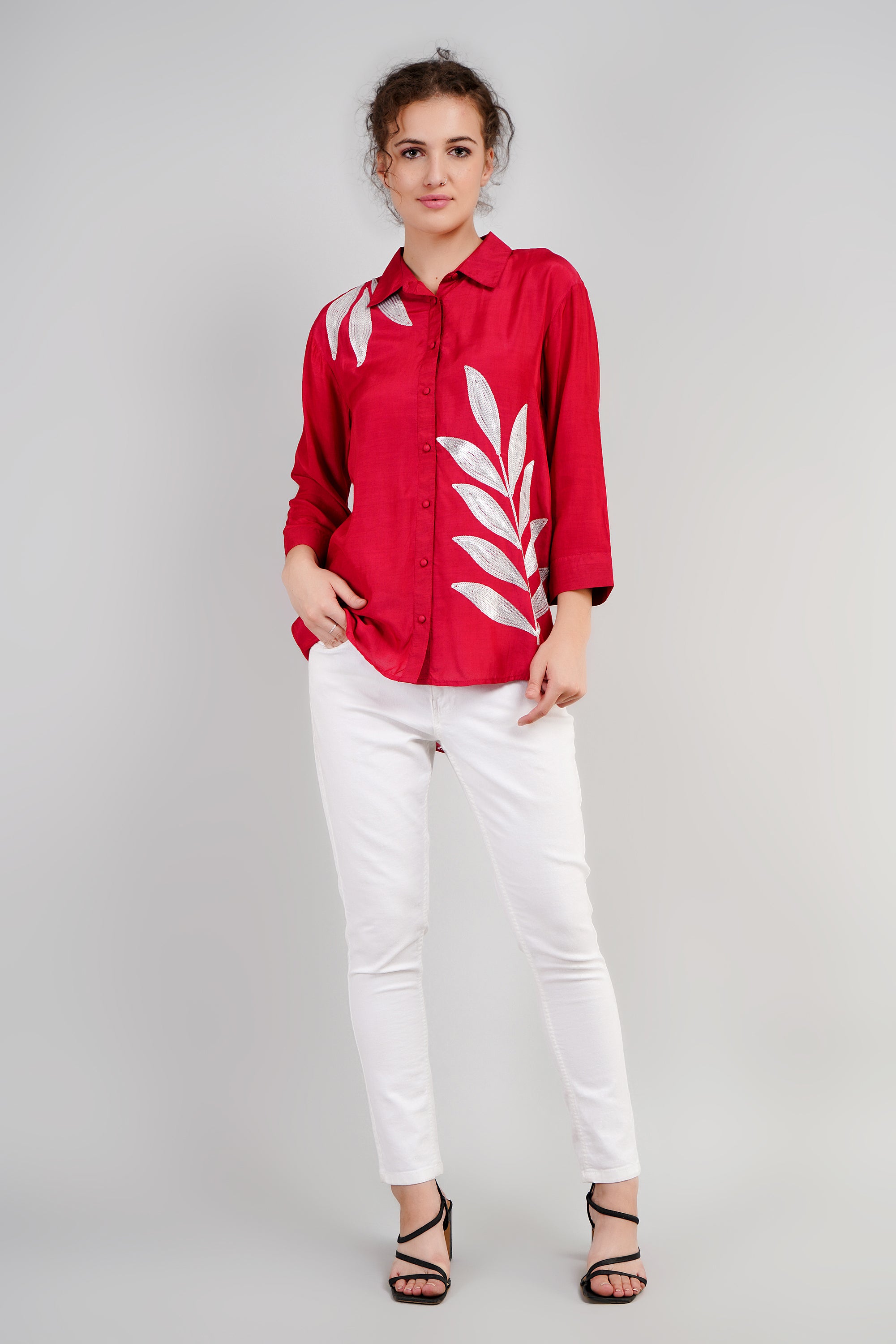 Red Muslin Cotton Embroidered Top