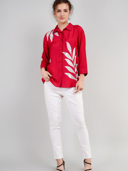 Red Muslin Cotton Embroidered Top