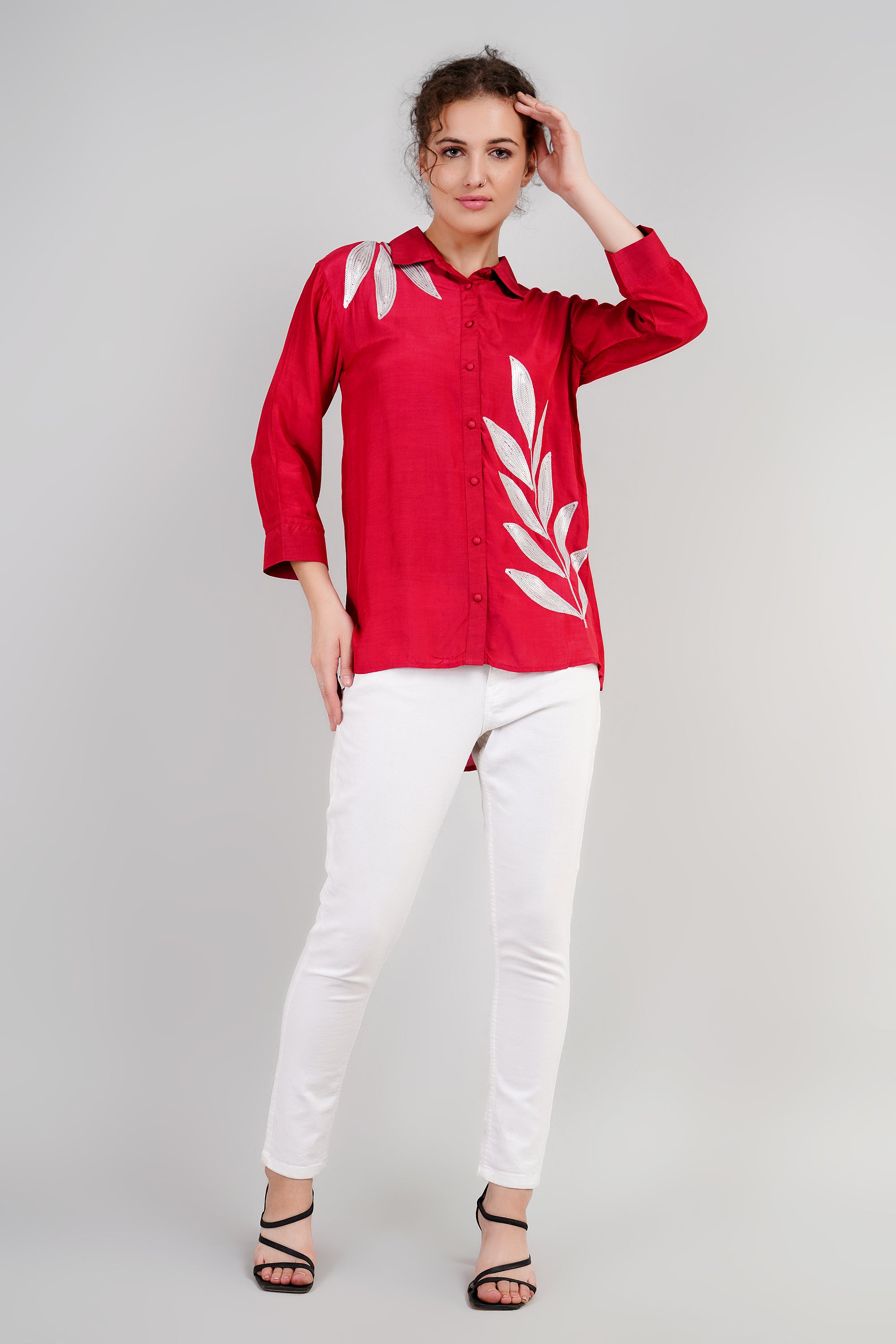 Red Muslin Cotton Embroidered Top