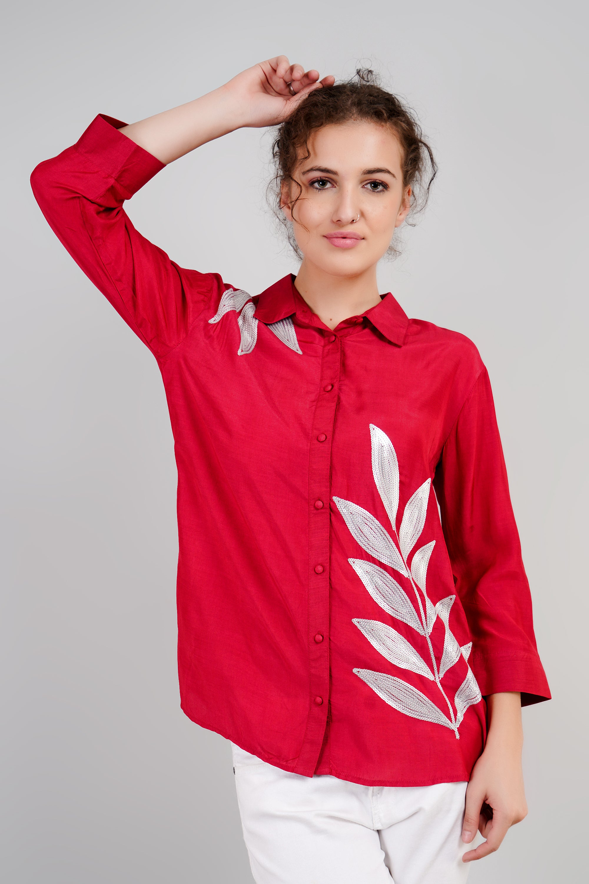 Red Muslin Cotton Embroidered Top