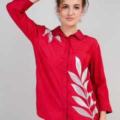 Red Muslin Cotton Embroidered Top