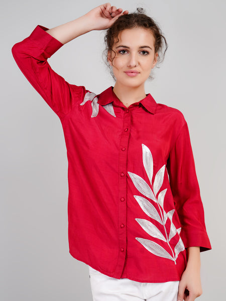 Red Muslin Cotton Embroidered Top