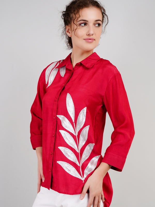 Red Muslin Cotton Embroidered Top