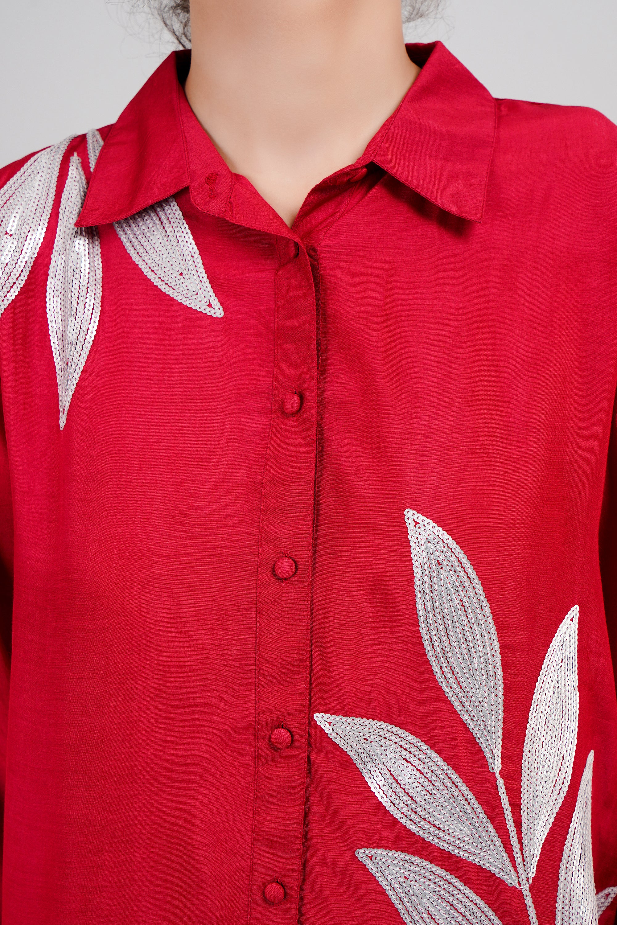 Red Muslin Cotton Embroidered Top