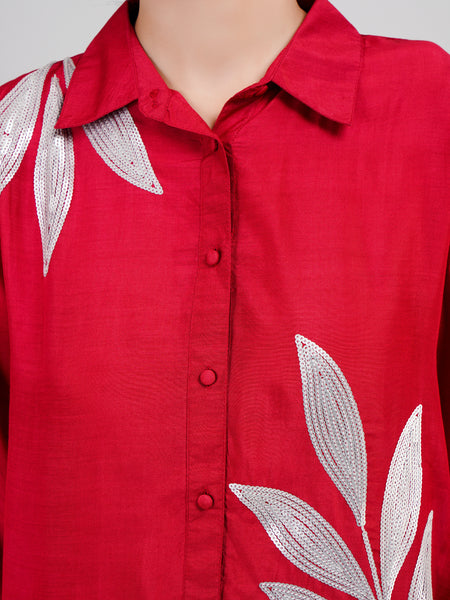 Red Muslin Cotton Embroidered Top
