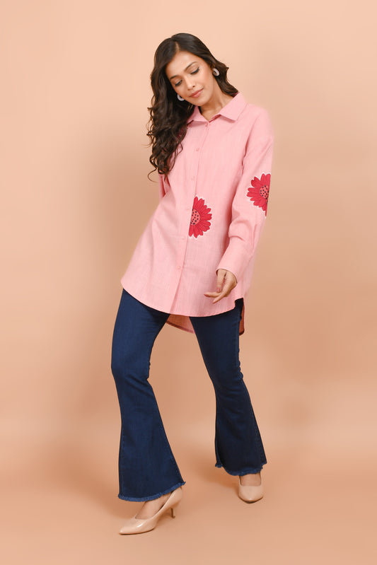 Pink Cotton Embroidered Collar Neck Top