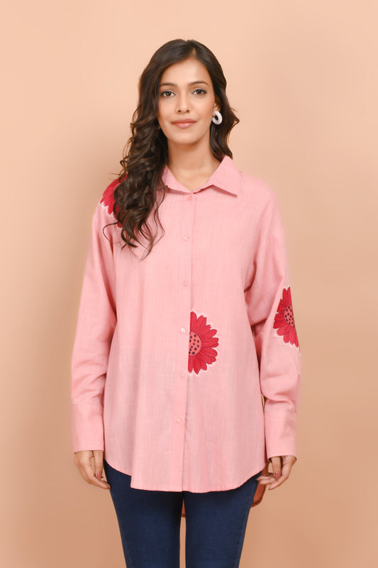 Pink Cotton Embroidered Collar Neck Top