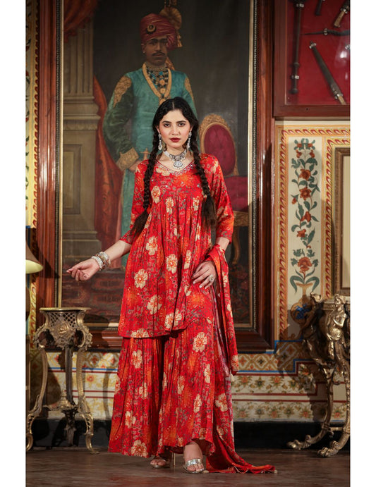 Radiant Red Printed Sharara Set