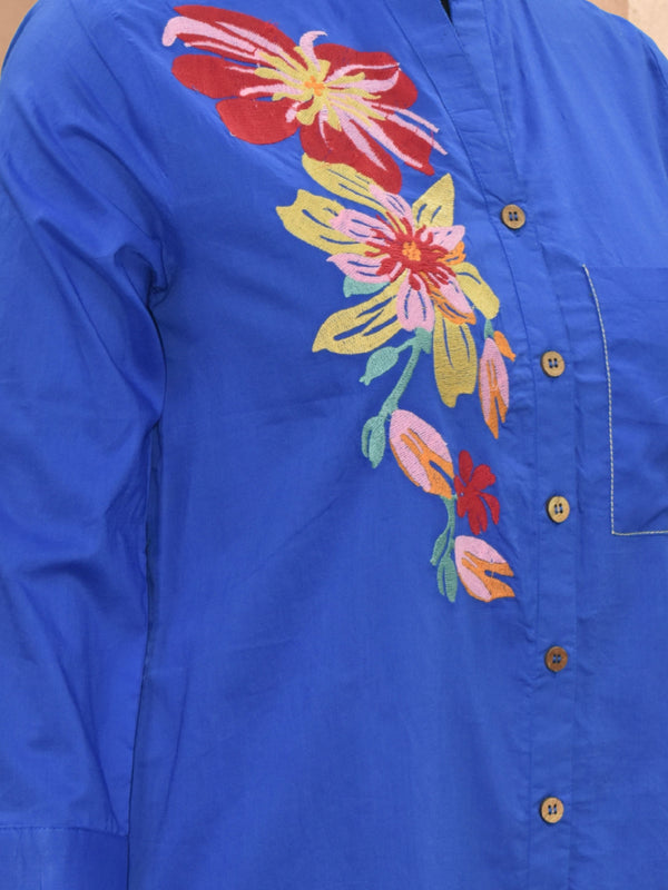 Elegant Royal Blue Cotton Embroidery Shirt