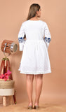 Blue Embroidered White Cotton Mini Dress