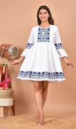 Blue Embroidered White Cotton Mini Dress