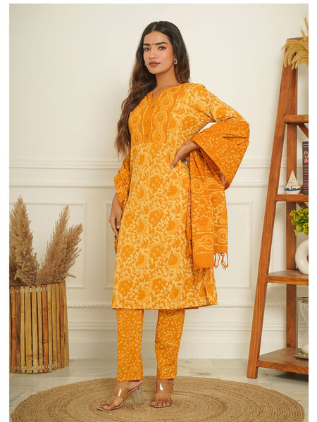 Mustard Printed Straight Suit Set