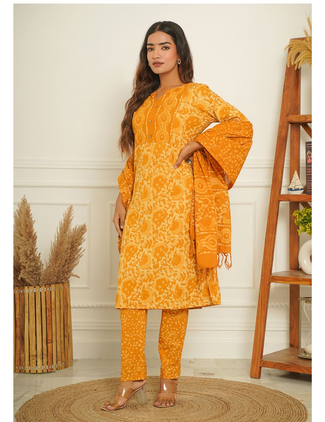 Mustard Printed Straight Suit Set