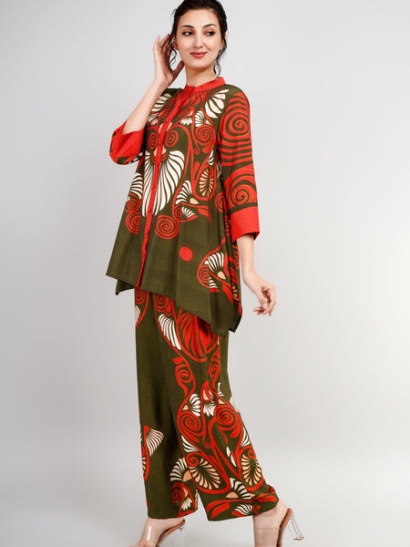 Printed Red Rayon Co-Ord Set