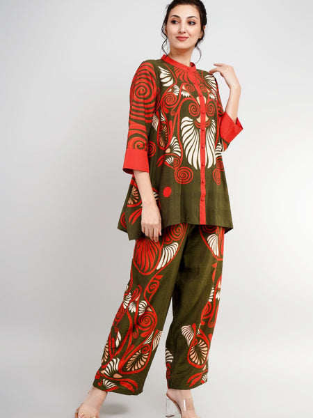 Printed Red Rayon Co-Ord Set