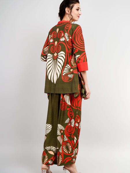 Printed Red Rayon Co-Ord Set
