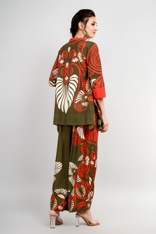 Printed Red Rayon Co-Ord Set