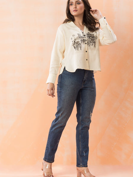 Printed Cotton Off White Top