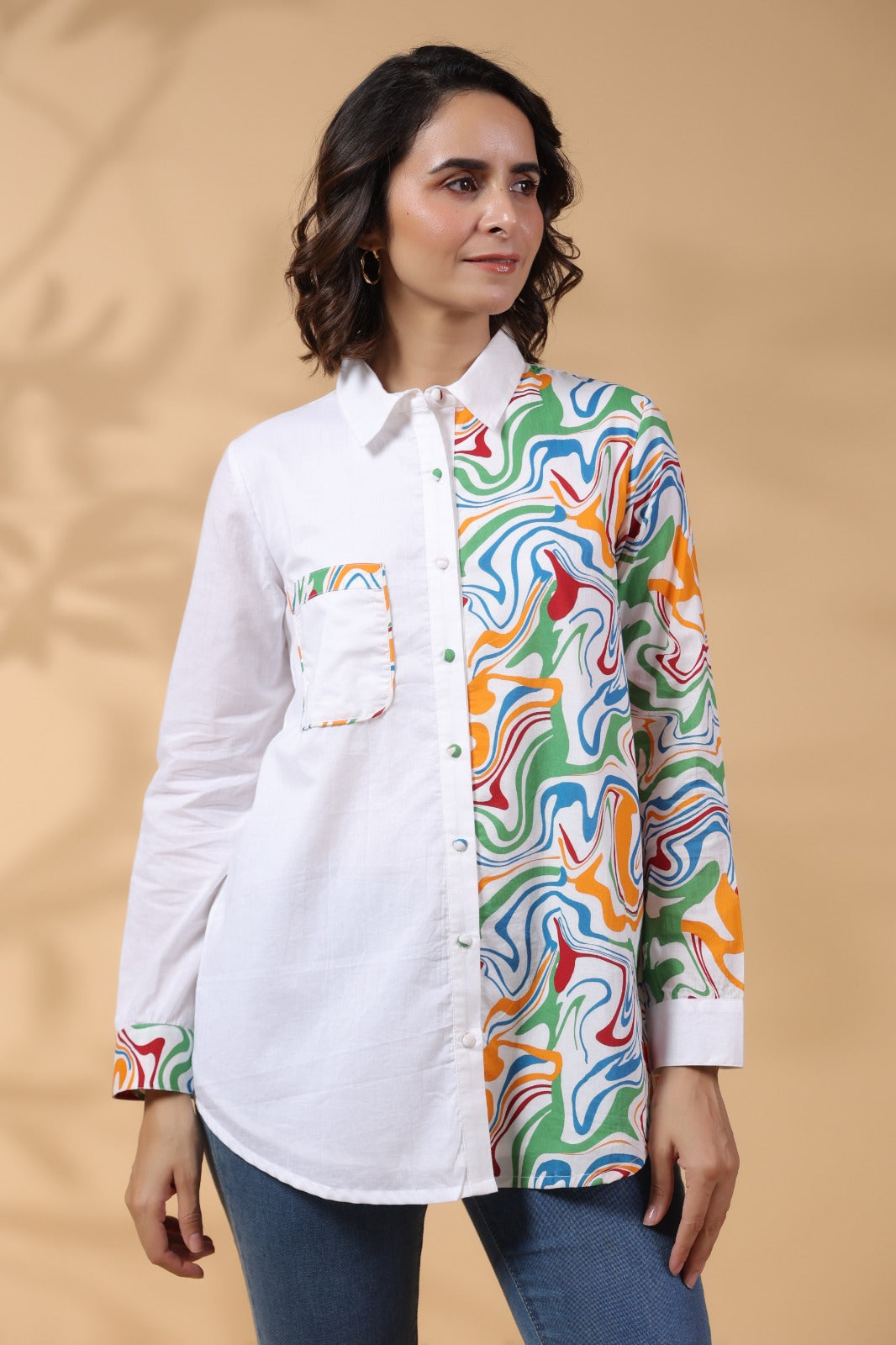 White Cotton Top With Colorful Design